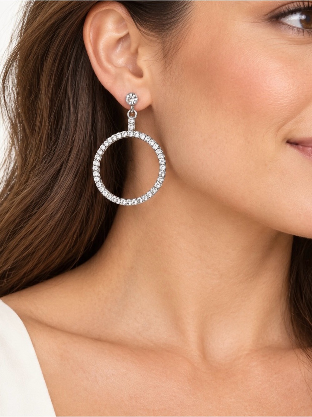 Silver Crystal Hoop Drop Statement Earrings - Women Jewelry